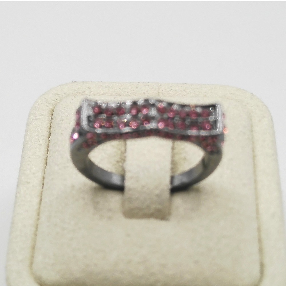 Gunmetal Pink Rhinestone Pavé Curved Rectangular Fashion Ring Size 6.75